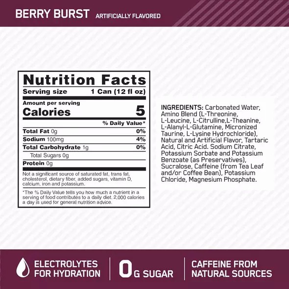 Optimum Nutrition ESSENTIAL AMIN.O. ENERGY+ Electrolytes Sparkling Berry Burst 355ml * 12 Cans (12 Servings) Colombia | 0362FTNJE