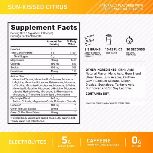 Optimum Nutrition Essential AMIN.O. ENERGY + Electrolytes *new* Sun-kissed Citrus 0.63 lb (30 Servings) Colombia | 2937DGJOR