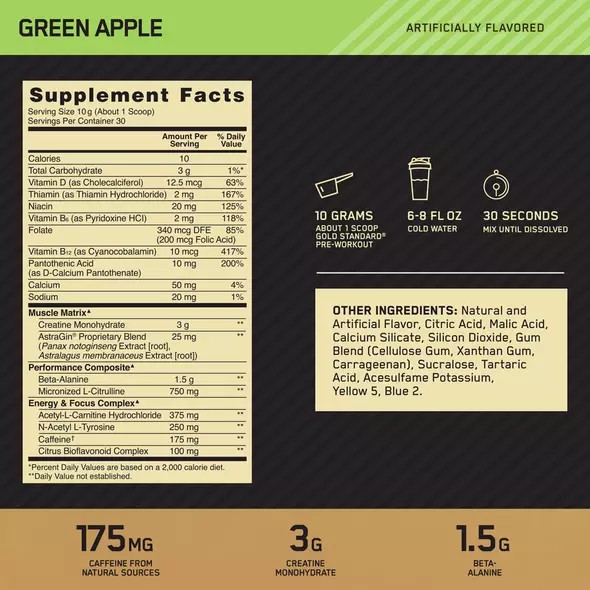 Optimum Nutrition GOLD STANDARD® Pre-Workout Green Apple 0.66 lb (30 Servings) Colombia | 1230MNXDA