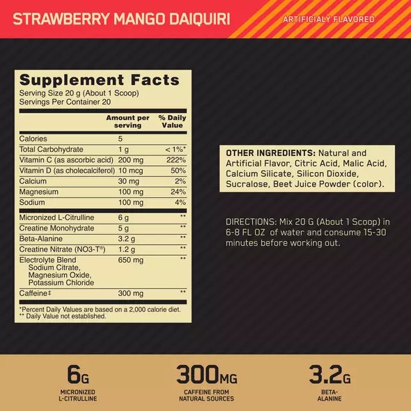 Optimum Nutrition GOLD STANDARD® Pre Advanced Strawberry Mango Daiquiri 0.88 lb (20 Servings) Colombia | 9504SXVCA